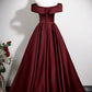 Burgundy Satin Long Prom Dress, A-Line V-Neck Formal Party Dress