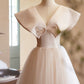 Champagne Tulle Floor Length Prom Dresses, A-Line V-Neck Formal Party Dresses