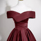 Burgundy Satin Long Prom Dress, A-Line V-Neck Formal Party Dress