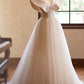 Champagne Tulle Floor Length Prom Dresses, A-Line V-Neck Formal Party Dresses