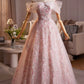 Light Blue/Pink Tulle Floral Long Prom Dress, Beautiful A-Line Off the Shoulder Party Dress