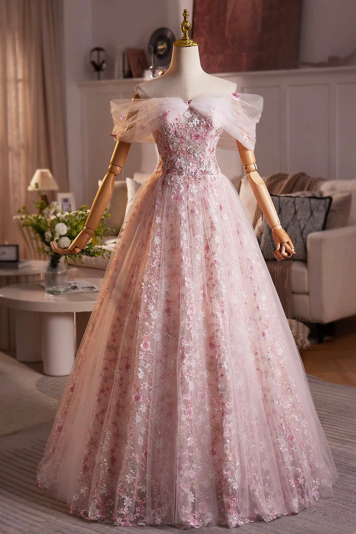 Light Blue/Pink Tulle Floral Long Prom Dress, Beautiful A-Line Off the Shoulder Party Dress