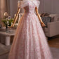 Light Blue/Pink Tulle Floral Long Prom Dress, Beautiful A-Line Off the Shoulder Party Dress
