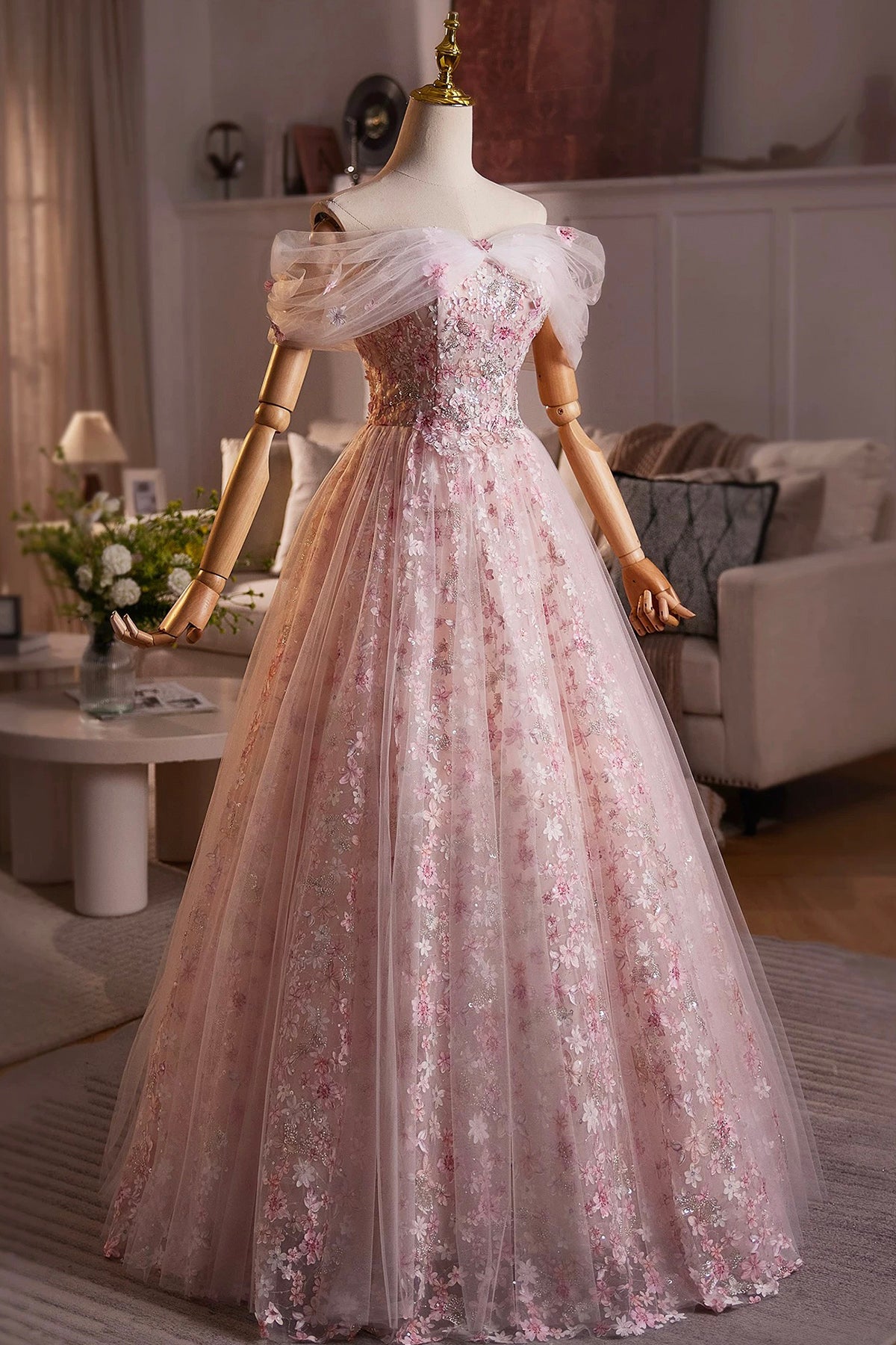 Light Blue/Pink Tulle Floral Long Prom Dress, Beautiful A-Line Off the Shoulder Party Dress