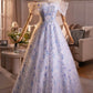 Light Blue/Pink Tulle Floral Long Prom Dress, Beautiful A-Line Off the Shoulder Party Dress