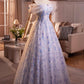 Light Blue/Pink Tulle Floral Long Prom Dress, Beautiful A-Line Off the Shoulder Party Dress