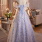 Light Blue/Pink Tulle Floral Long Prom Dress, Beautiful A-Line Off the Shoulder Party Dress