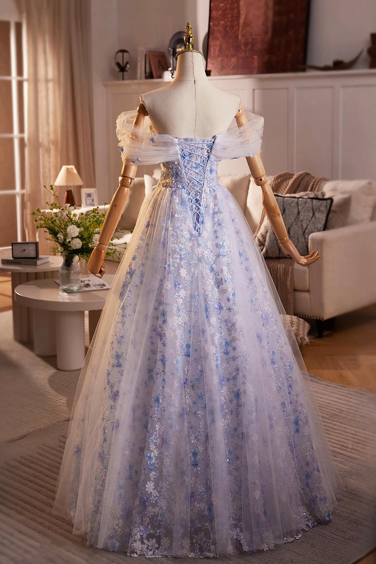 Light Blue/Pink Tulle Floral Long Prom Dress, Beautiful A-Line Off the Shoulder Party Dress