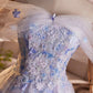 Light Blue/Pink Tulle Floral Long Prom Dress, Beautiful A-Line Off the Shoulder Party Dress