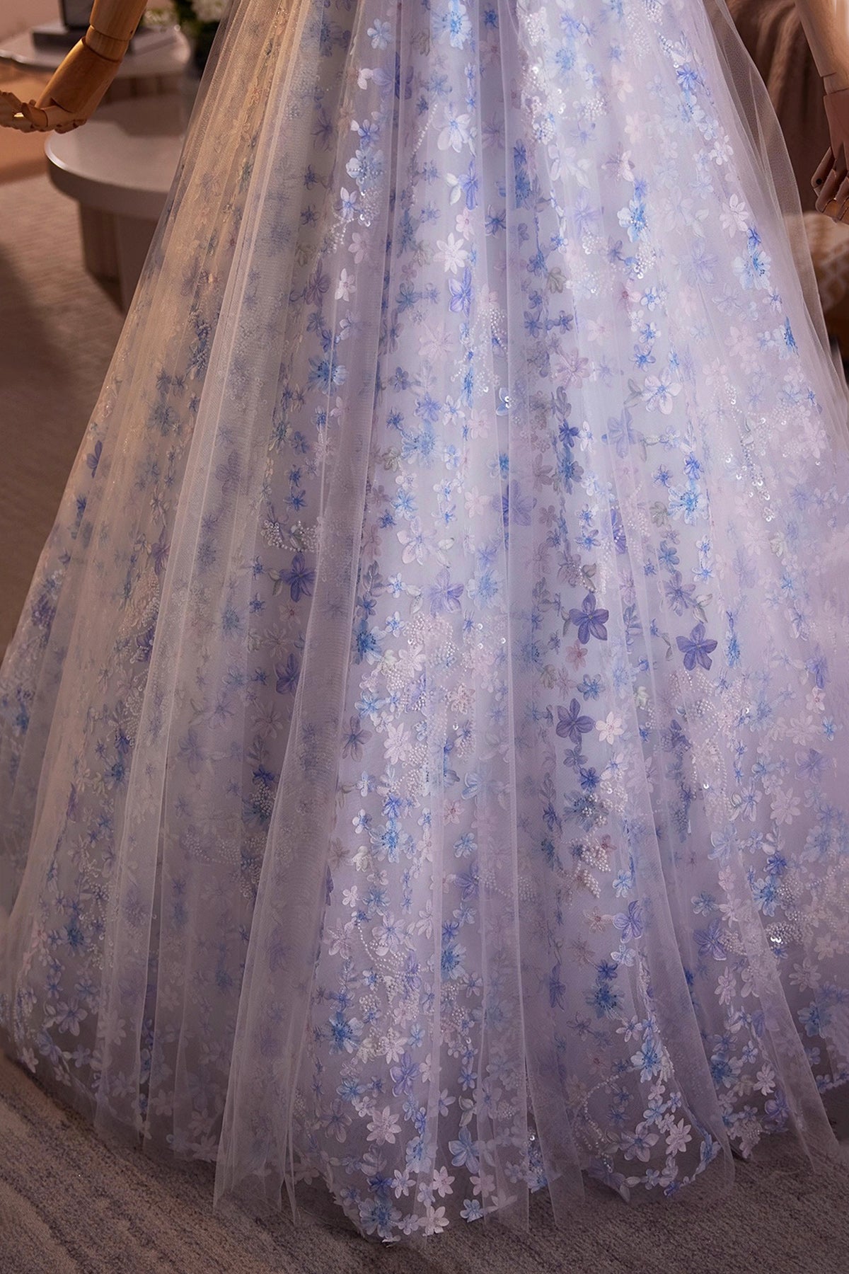 Light Blue/Pink Tulle Floral Long Prom Dress, Beautiful A-Line Off the Shoulder Party Dress