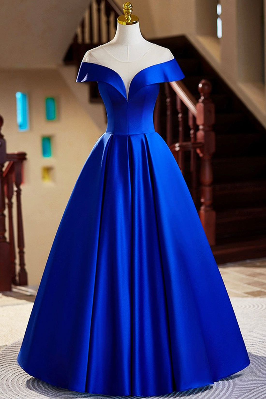 Blue Satin Floor Length Prom Dress, Elegant A-Line Evening Party Dress