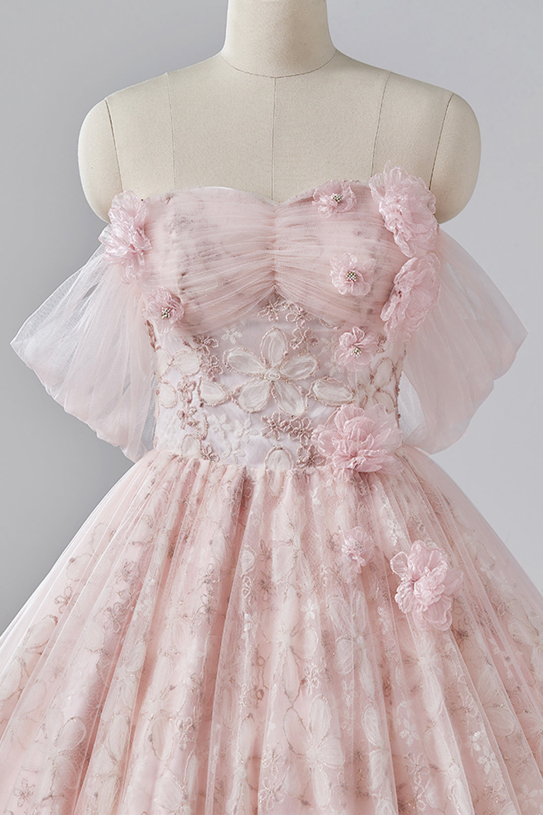 Light Pink Tulle Long Prom Dress, Off the Shoulder A-Line Evening Formal Dress