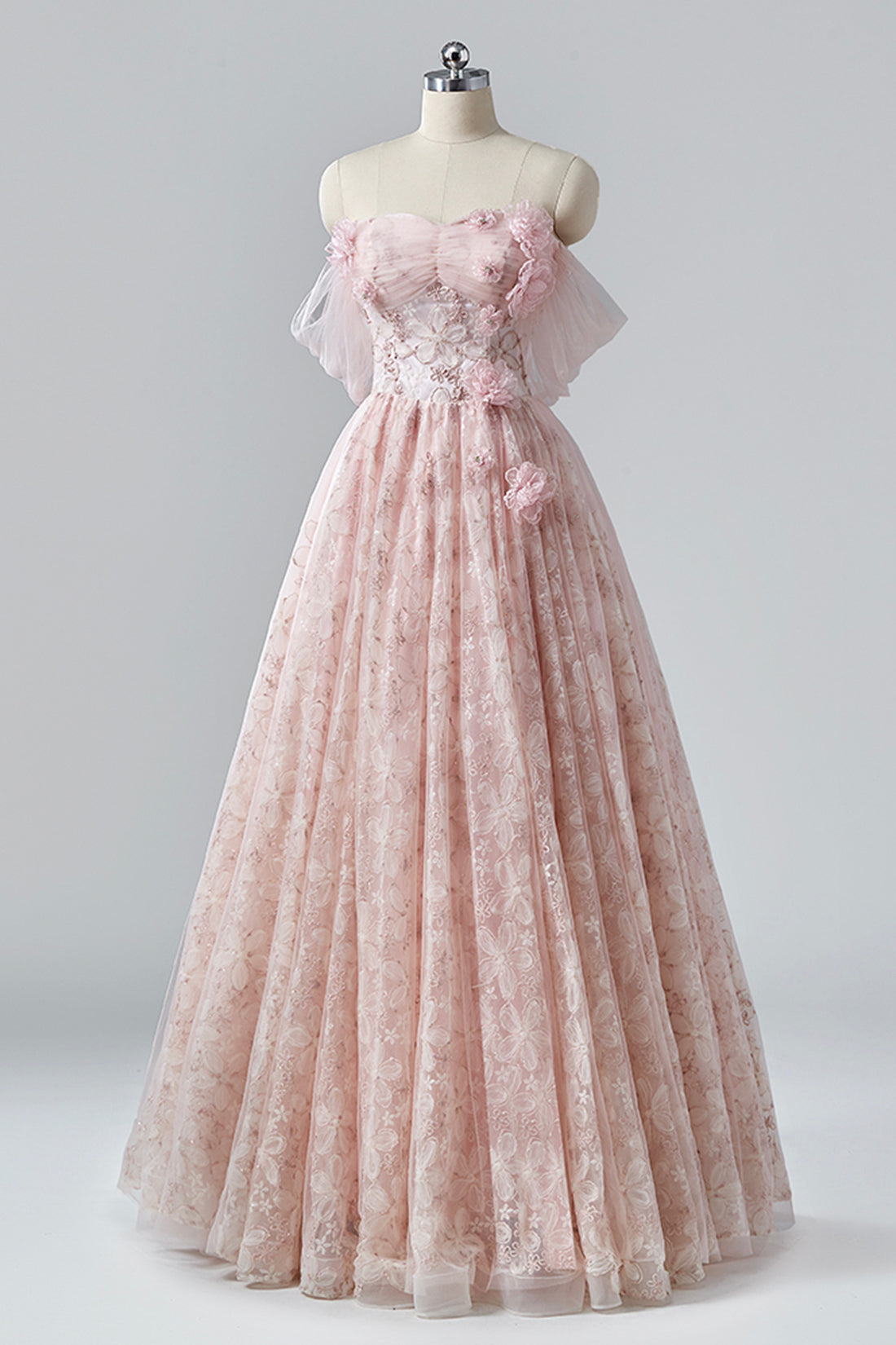 Light Pink Tulle Long Prom Dress, Off the Shoulder A-Line Evening Formal Dress
