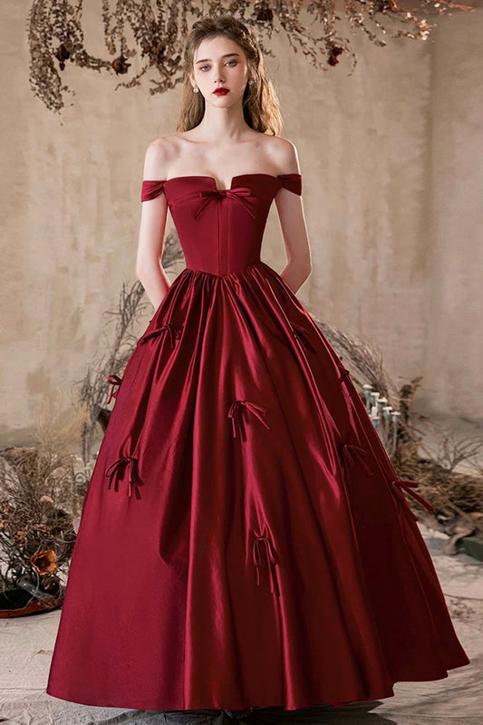 Burgundy Satin Long Prom Dress, Cute A-Line Evening Party Dress