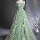 Green Floral Lace Long Prom Dresses, Green Spaghetti Straps Evening Party Dress