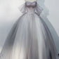 Gray Tulle Floor Length Formal Dress, Off the Shoulder A-Line Evening Party Dress
