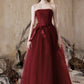 Beautiful A-Line Floor Length Prom Dress, Burgundy Tulle Lace Party Dress