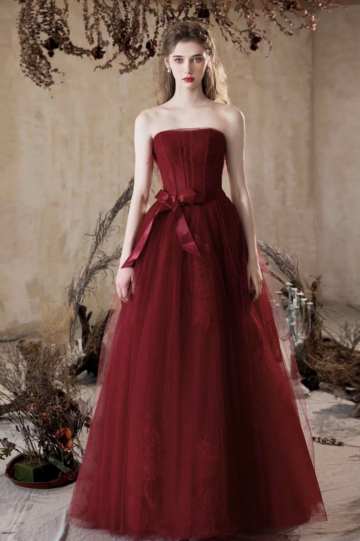 Beautiful A-Line Floor Length Prom Dress, Burgundy Tulle Lace Party Dress