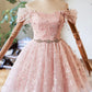 Lovely A-Line Pink Knee Length Prom Dress, Off the Shoulder Evening Party Dress