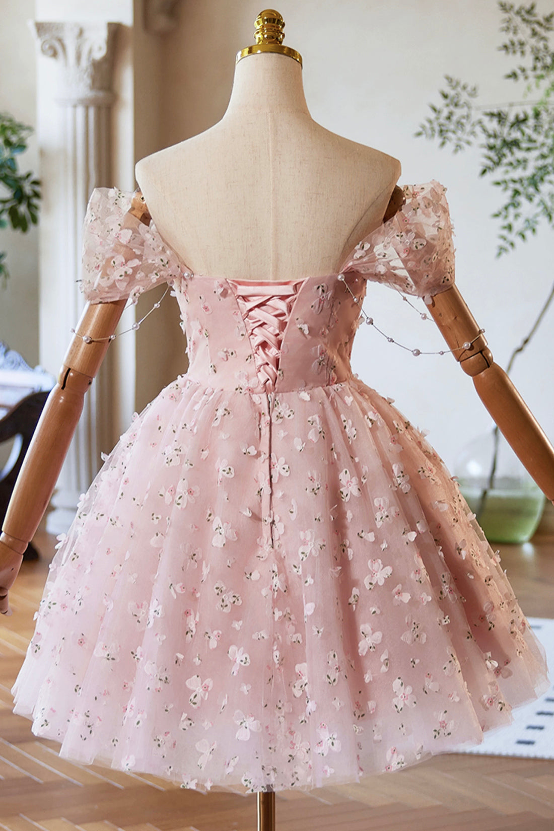 Lovely A-Line Pink Knee Length Prom Dress, Off the Shoulder Evening Party Dress