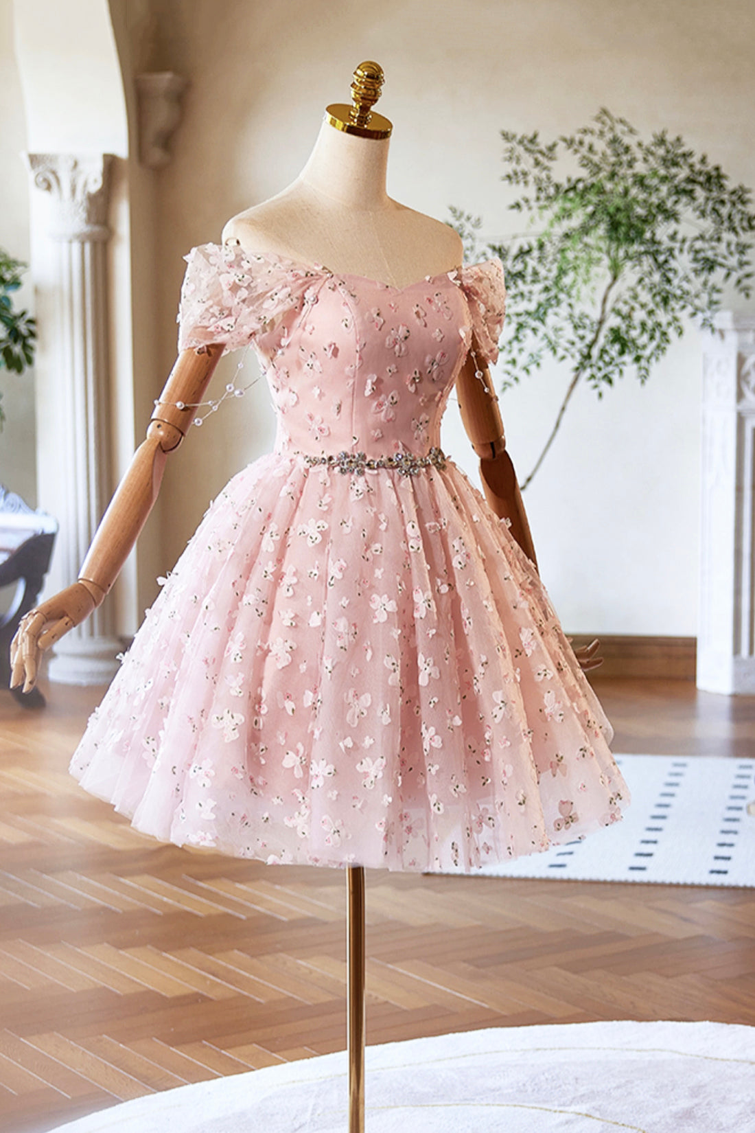 Lovely A-Line Pink Knee Length Prom Dress, Off the Shoulder Evening Party Dress