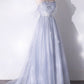 Gray Tulle Long Off the Shoulder Floor Length Prom Dress