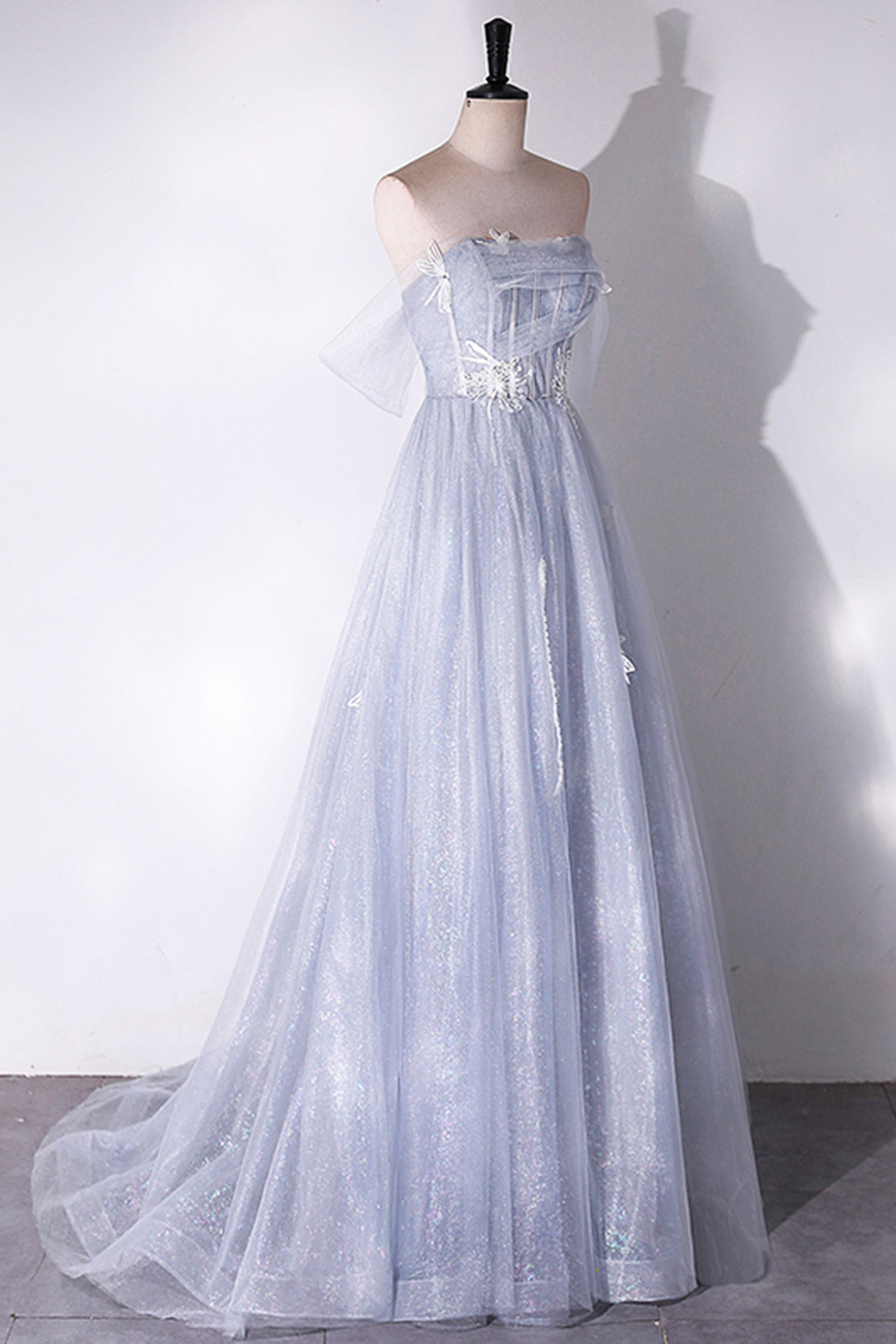 Gray Tulle Long Off the Shoulder Floor Length Prom Dress