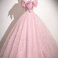 Pink Tulle Sequins Long A-Line Prom Dress with Bow, Pink Off Shoulder Evening Dress