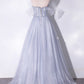 Gray Tulle Long Off the Shoulder Floor Length Prom Dress