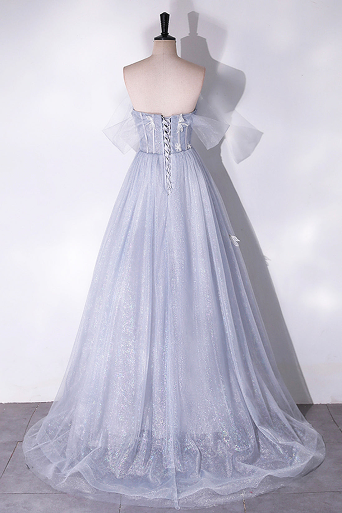 Gray Tulle Long Off the Shoulder Floor Length Prom Dress