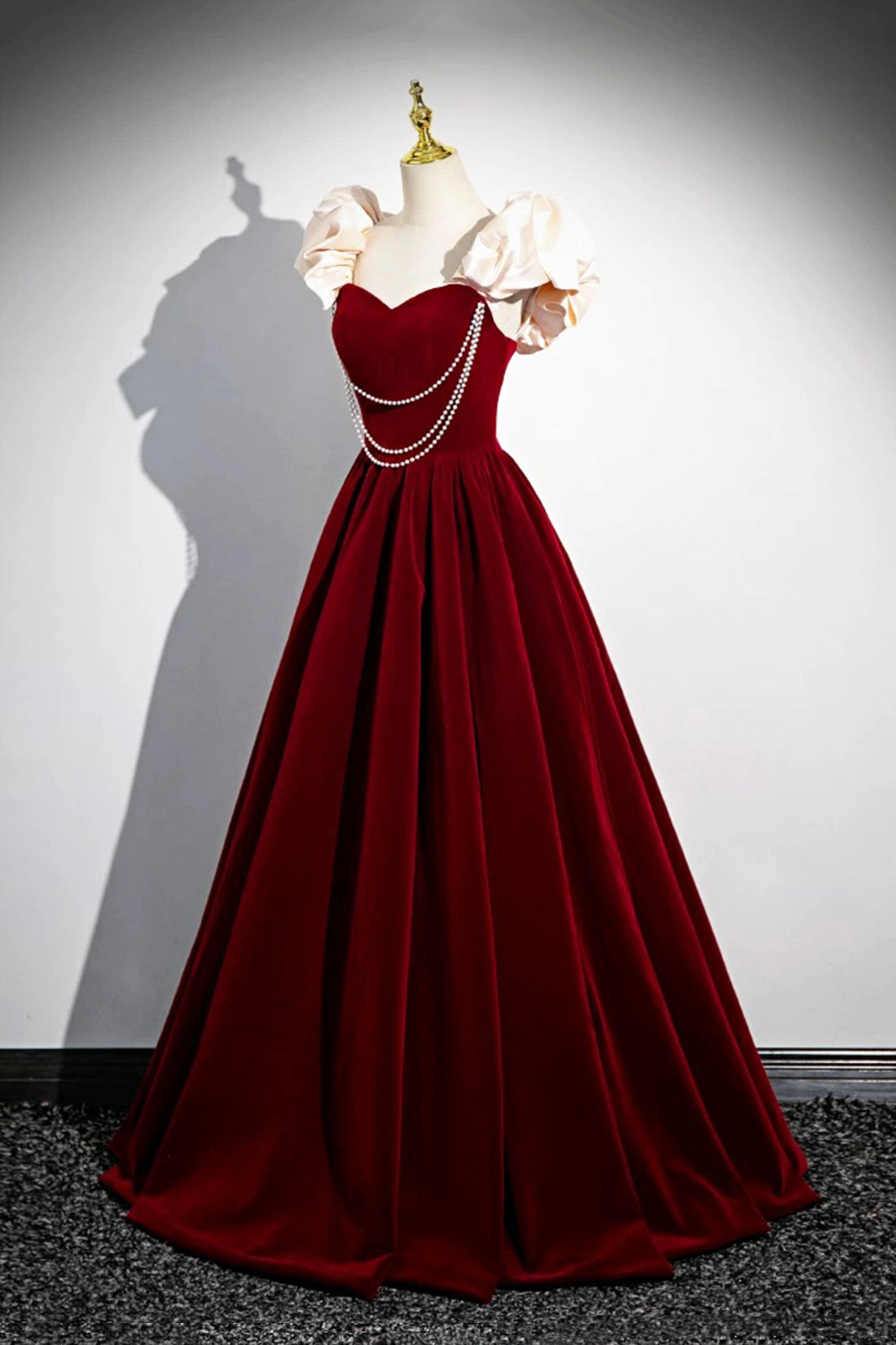 Burgundy Velvet Floor Length Prom Dress, Beautiful A-Line Evening Party Dress