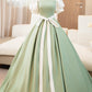 White and Green Satin Long Prom Dress, A-Line Short Sleeve Evening Party Dress