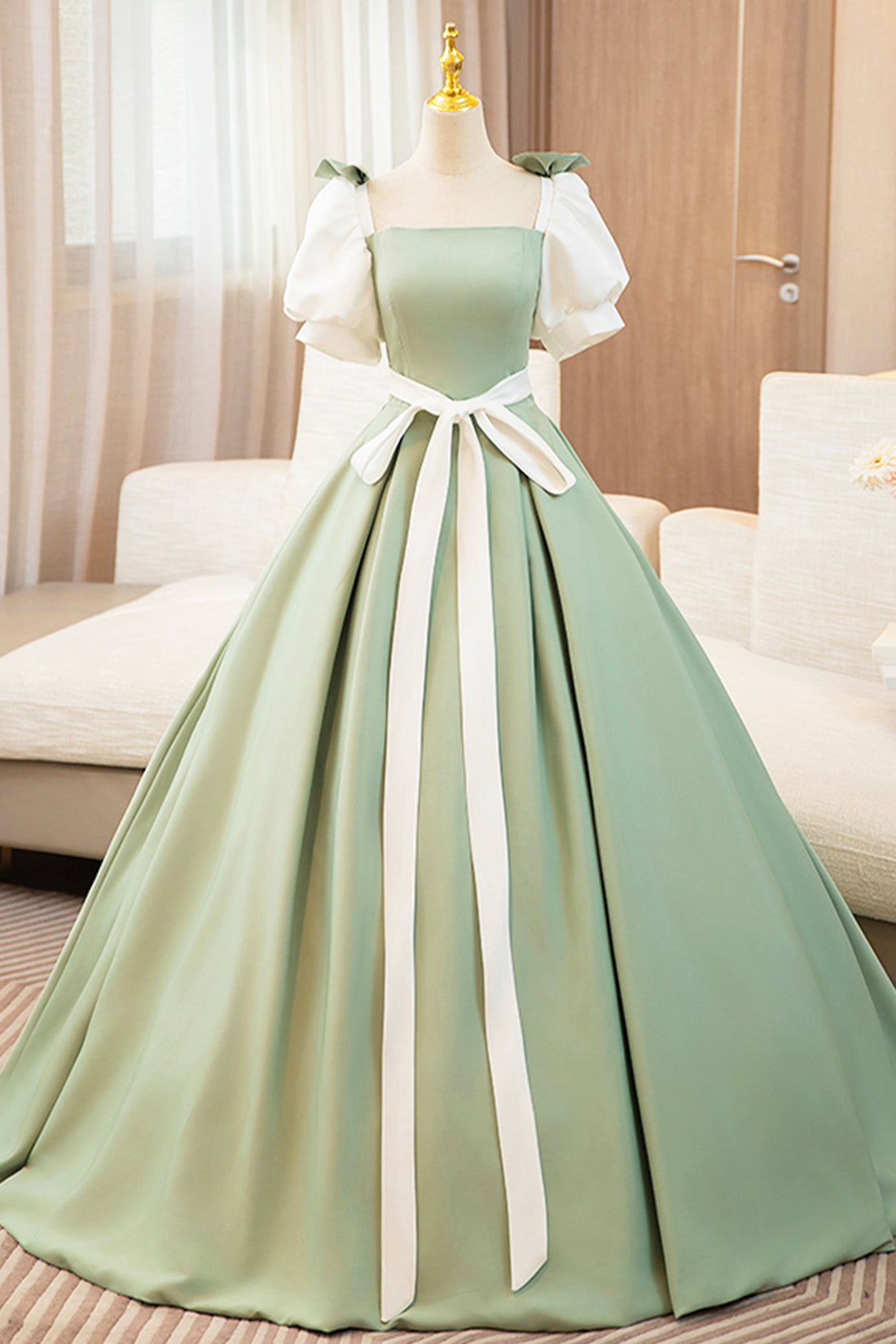 White and Green Satin Long Prom Dress, A-Line Short Sleeve Evening Party Dress