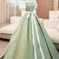 White and Green Satin Long Prom Dress, A-Line Short Sleeve Evening Party Dress