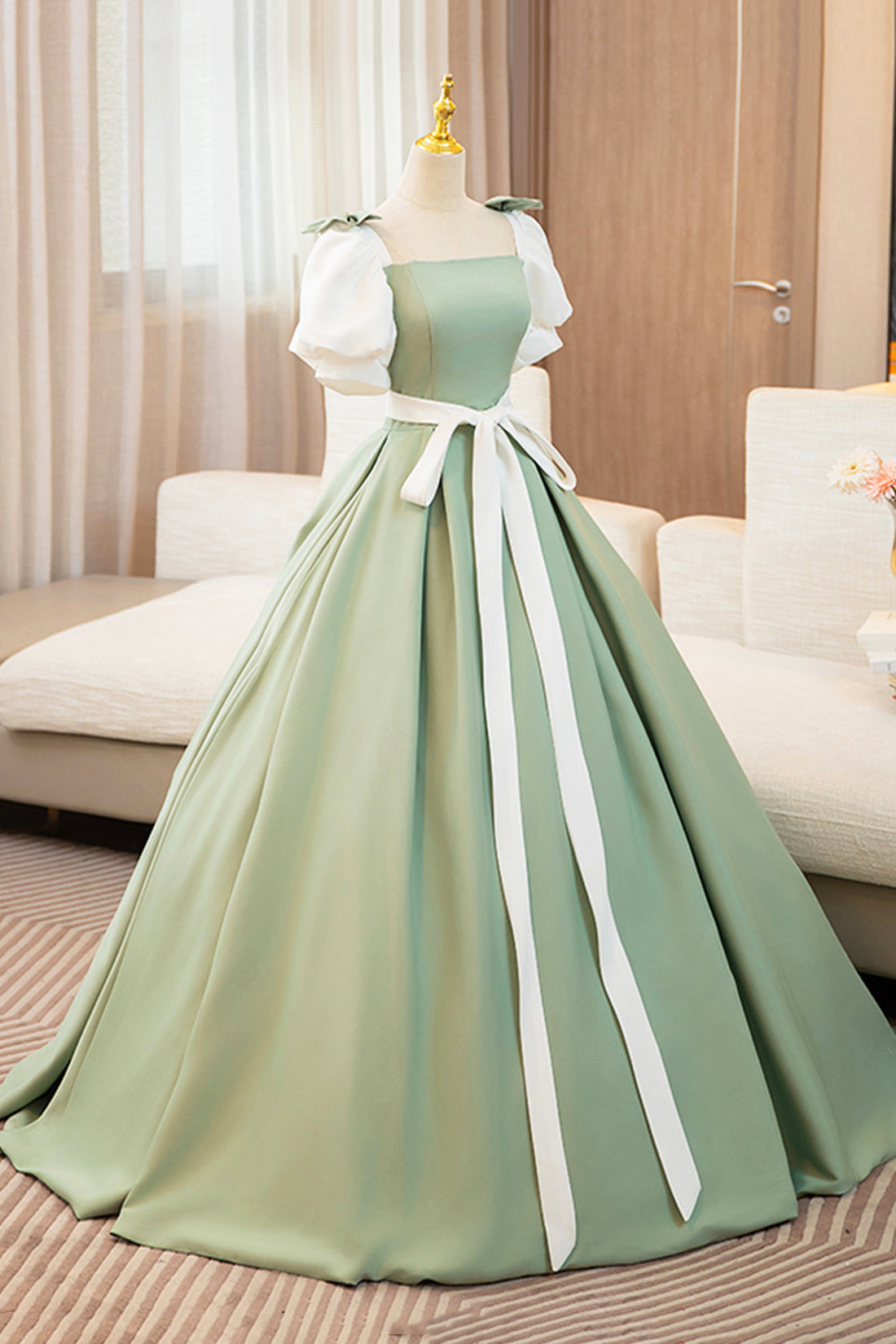 White and Green Satin Long Prom Dress, A-Line Short Sleeve Evening Party Dress