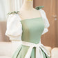 White and Green Satin Long Prom Dress, A-Line Short Sleeve Evening Party Dress