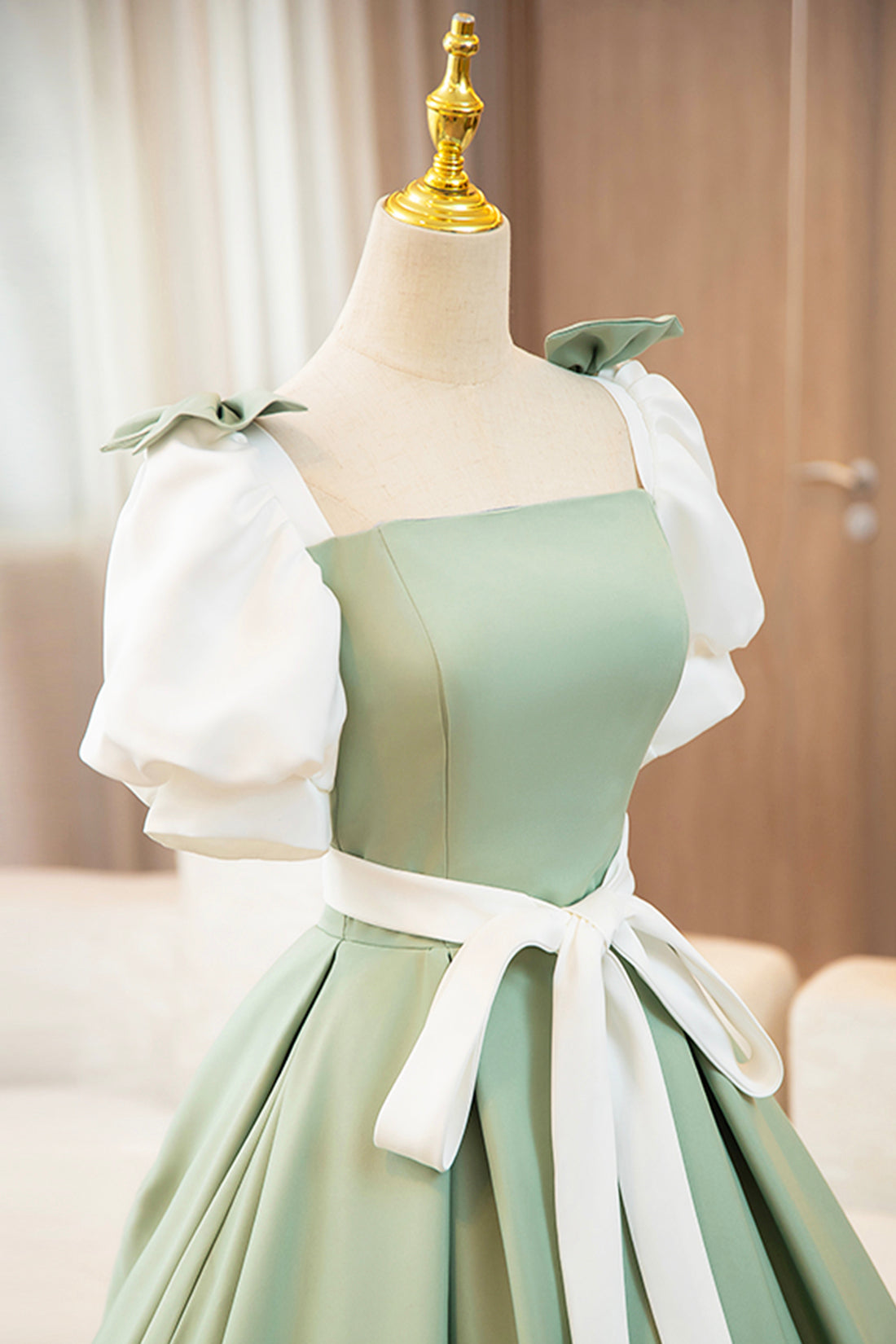 White and Green Satin Long Prom Dress, A-Line Short Sleeve Evening Party Dress