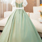 White and Green Satin Long Prom Dress, A-Line Short Sleeve Evening Party Dress