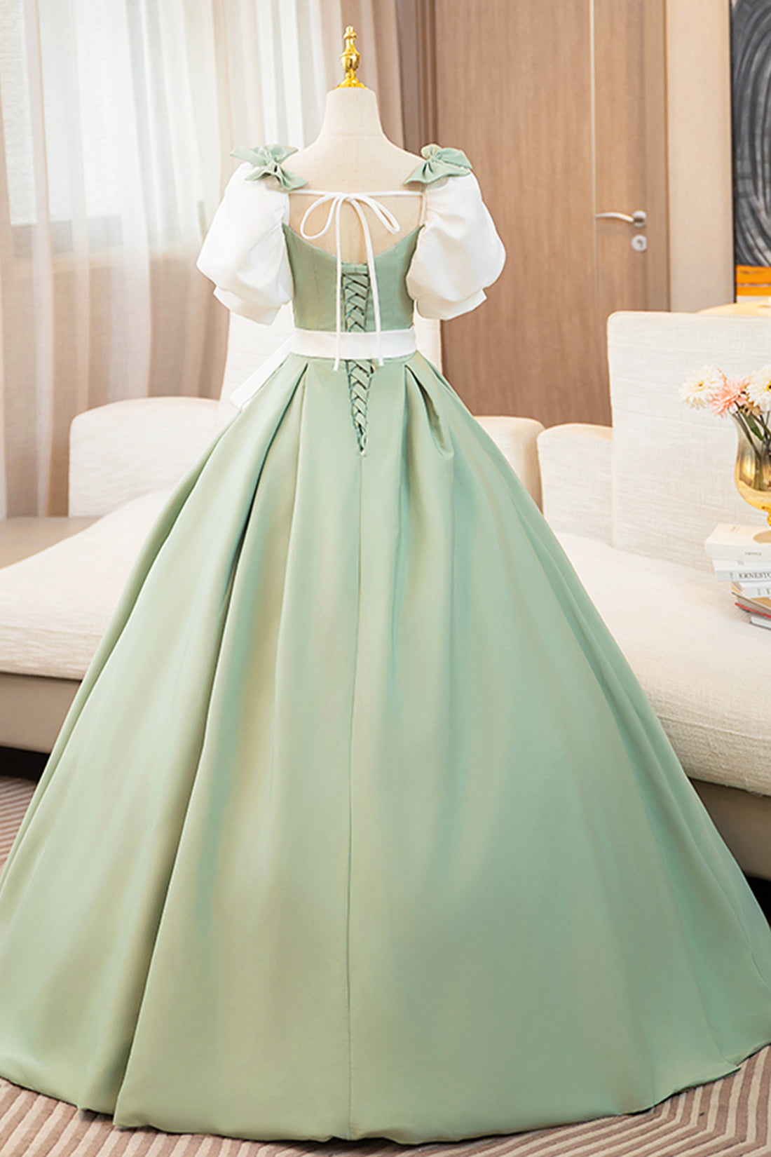 White and Green Satin Long Prom Dress, A-Line Short Sleeve Evening Party Dress