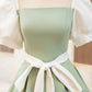 White and Green Satin Long Prom Dress, A-Line Short Sleeve Evening Party Dress