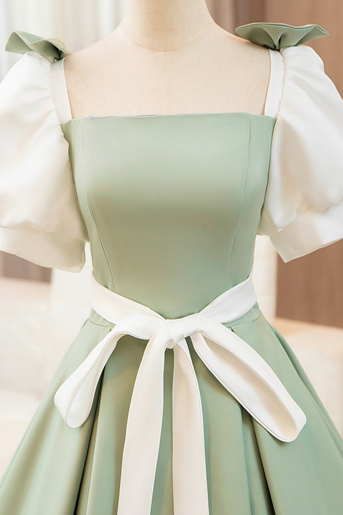 White and Green Satin Long Prom Dress, A-Line Short Sleeve Evening Party Dress