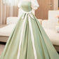 White and Green Satin Long Prom Dress, A-Line Short Sleeve Evening Party Dress