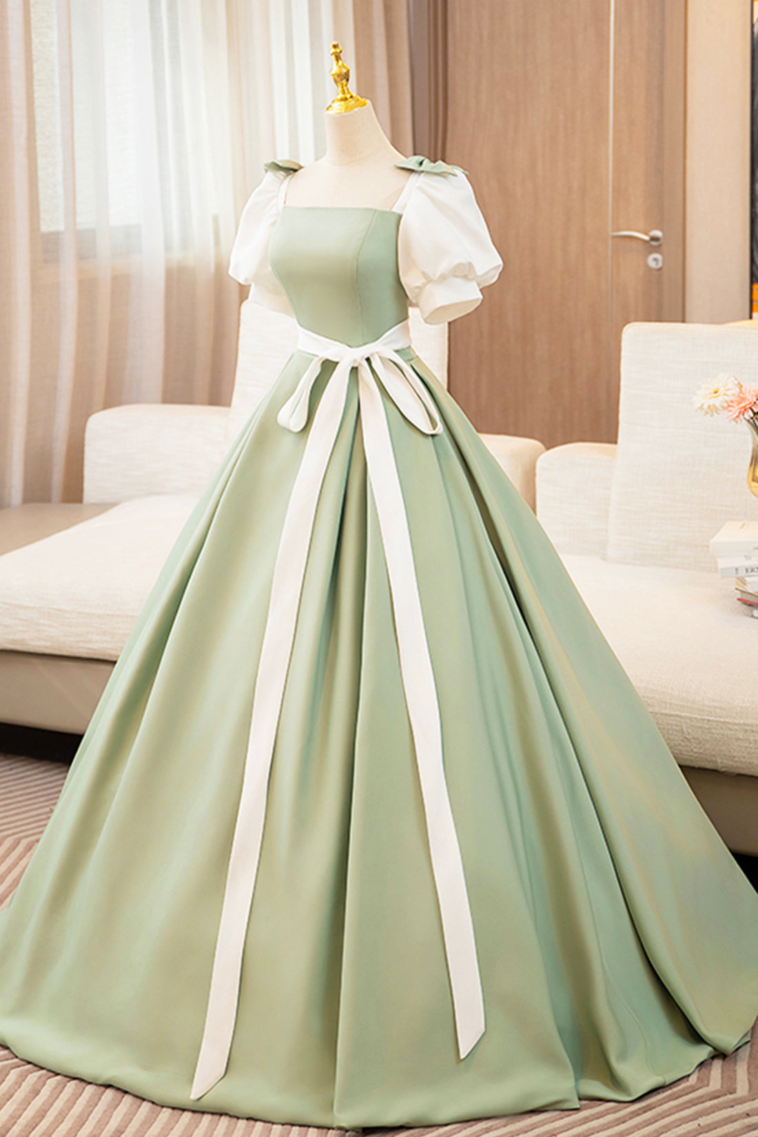 White and Green Satin Long Prom Dress, A-Line Short Sleeve Evening Party Dress