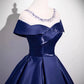 Navy Scoop Neckline Satin Long Prom Dress, A-Line Evening Party Dress