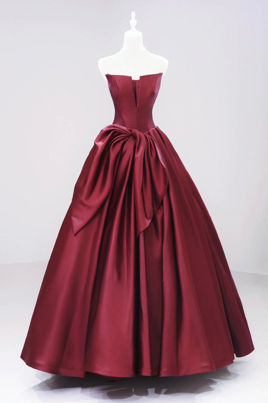 Burgundy Strapless Satin Long Prom Dress, Beautiful A-Line Evening Party Dress