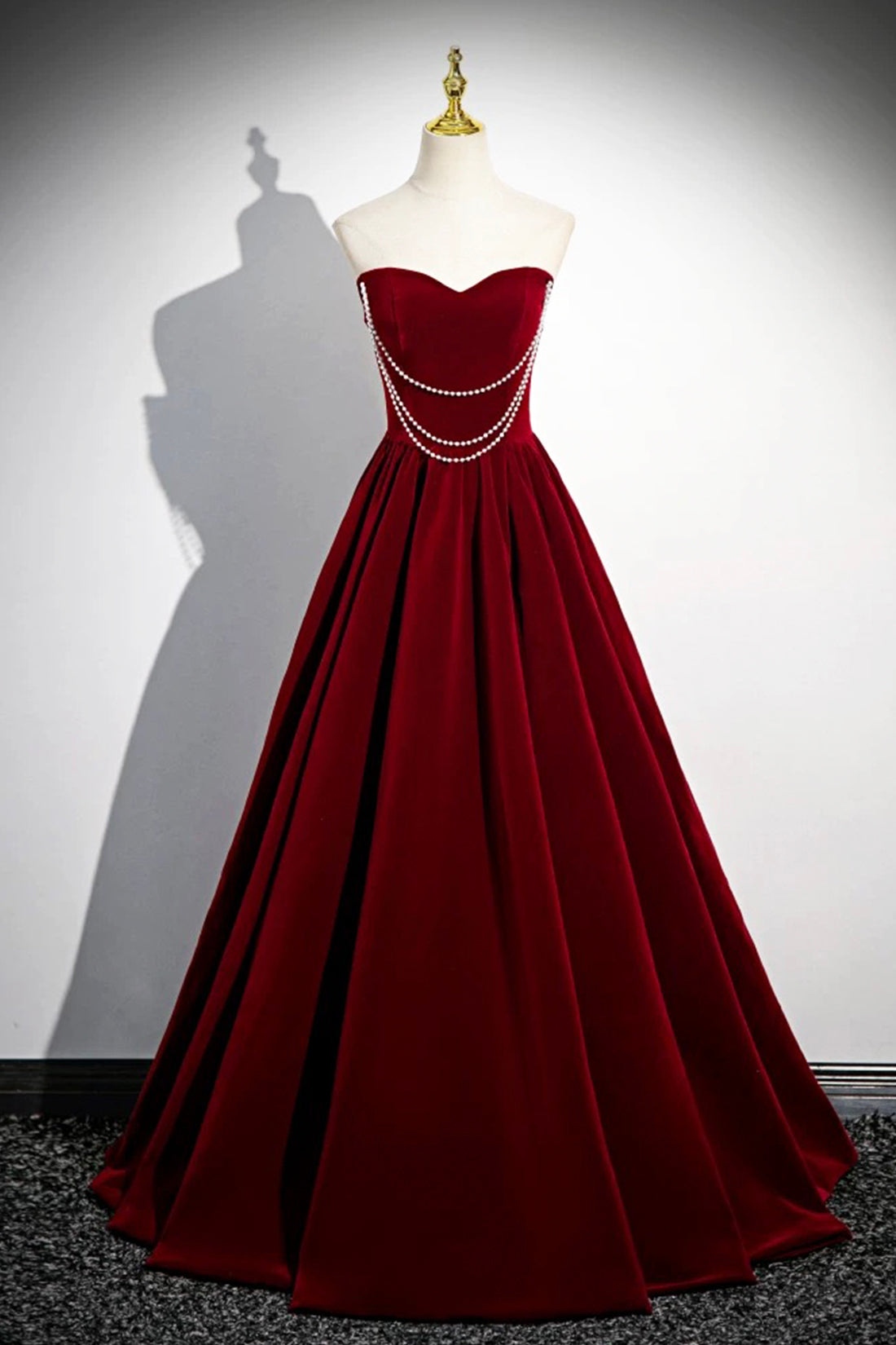 Burgundy Velvet Floor Length Prom Dress, Beautiful A-Line Evening Party Dress