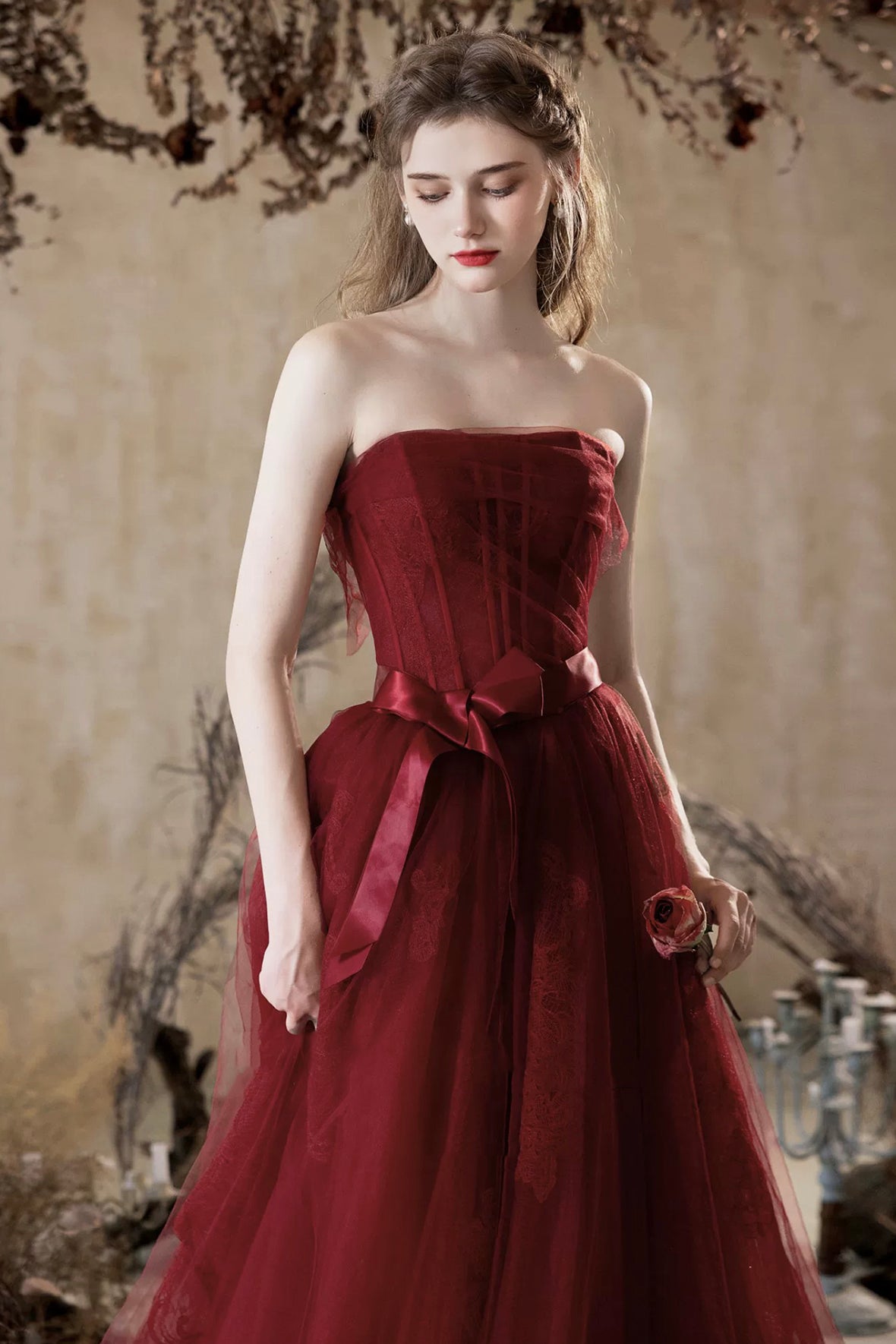 Beautiful A-Line Floor Length Prom Dress, Burgundy Tulle Lace Party Dress