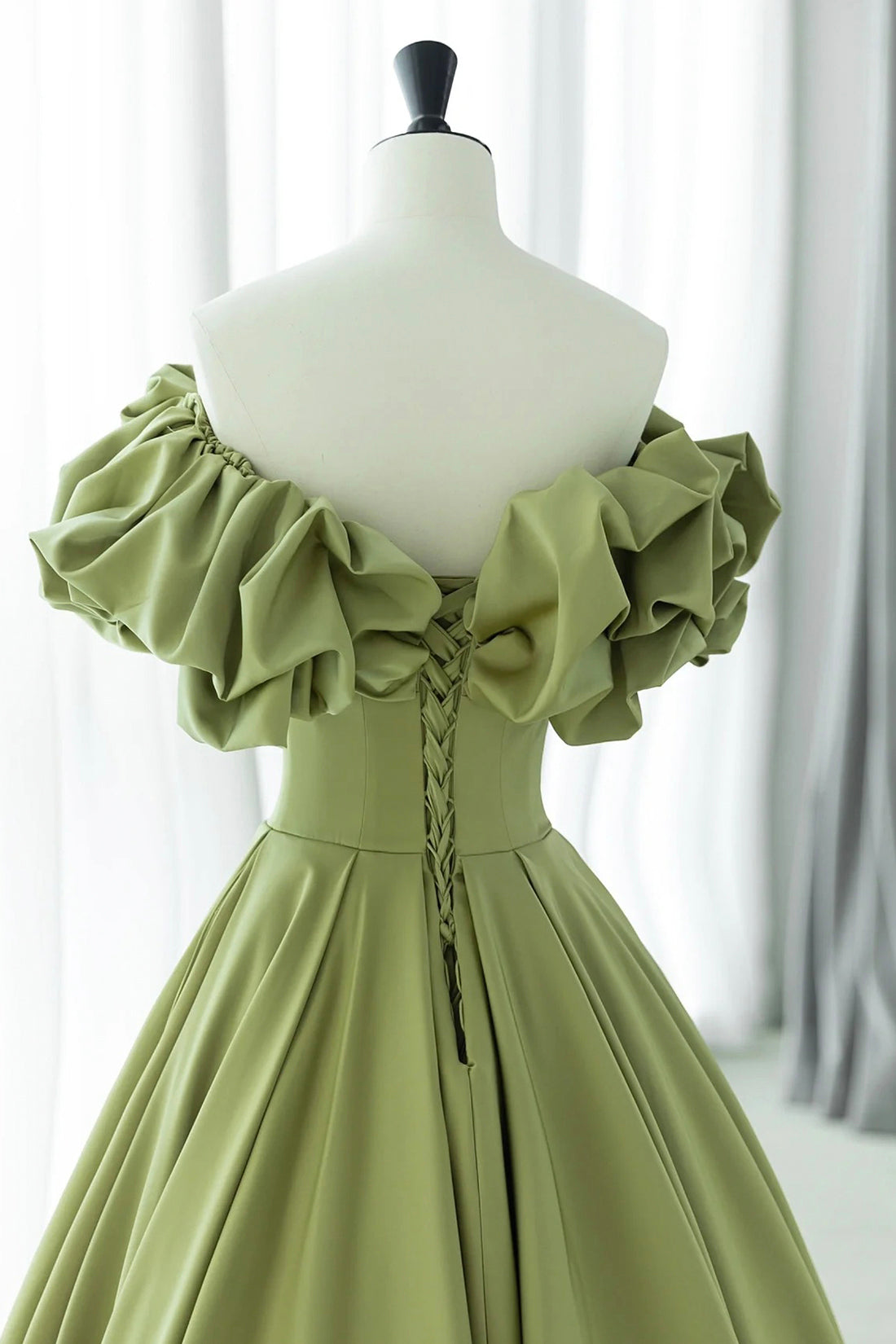 Green Satin Off the Shoulder Long Prom Dress, Beautiful A-Line Evening Party Dress