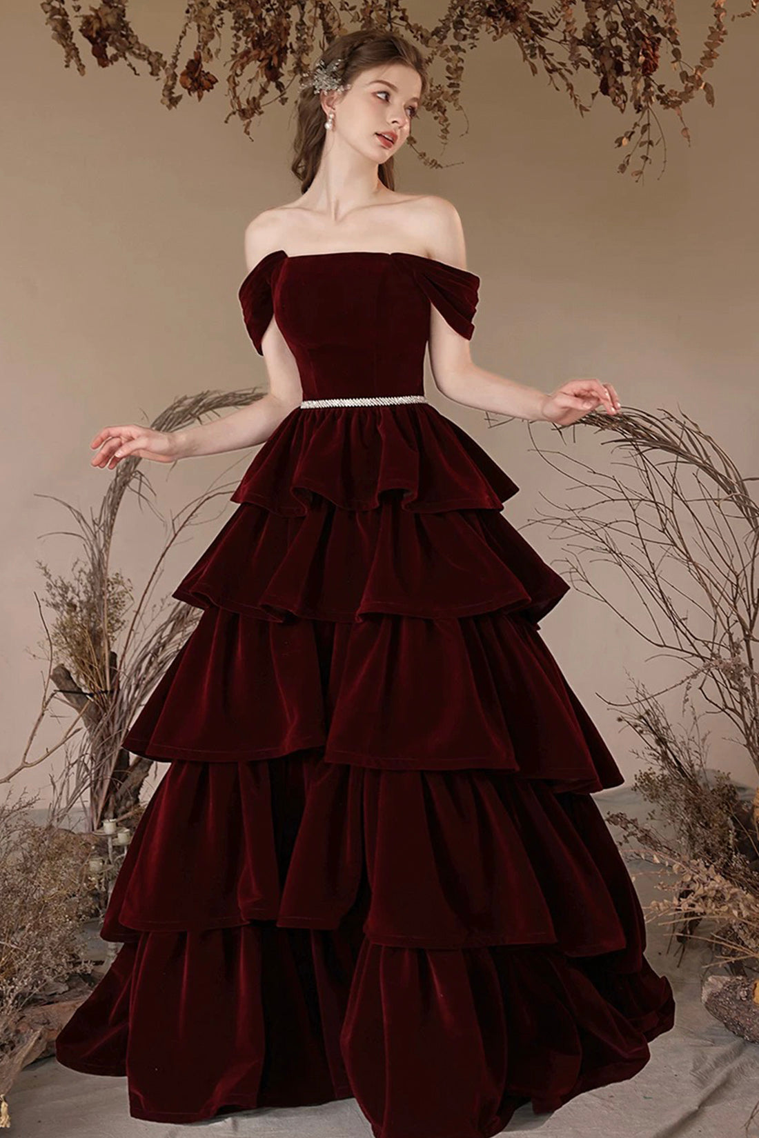 Burgundy Velvet Long Prom Dress, Lovely A-Line Off the Shoulder Formal Sweet 16 Dress