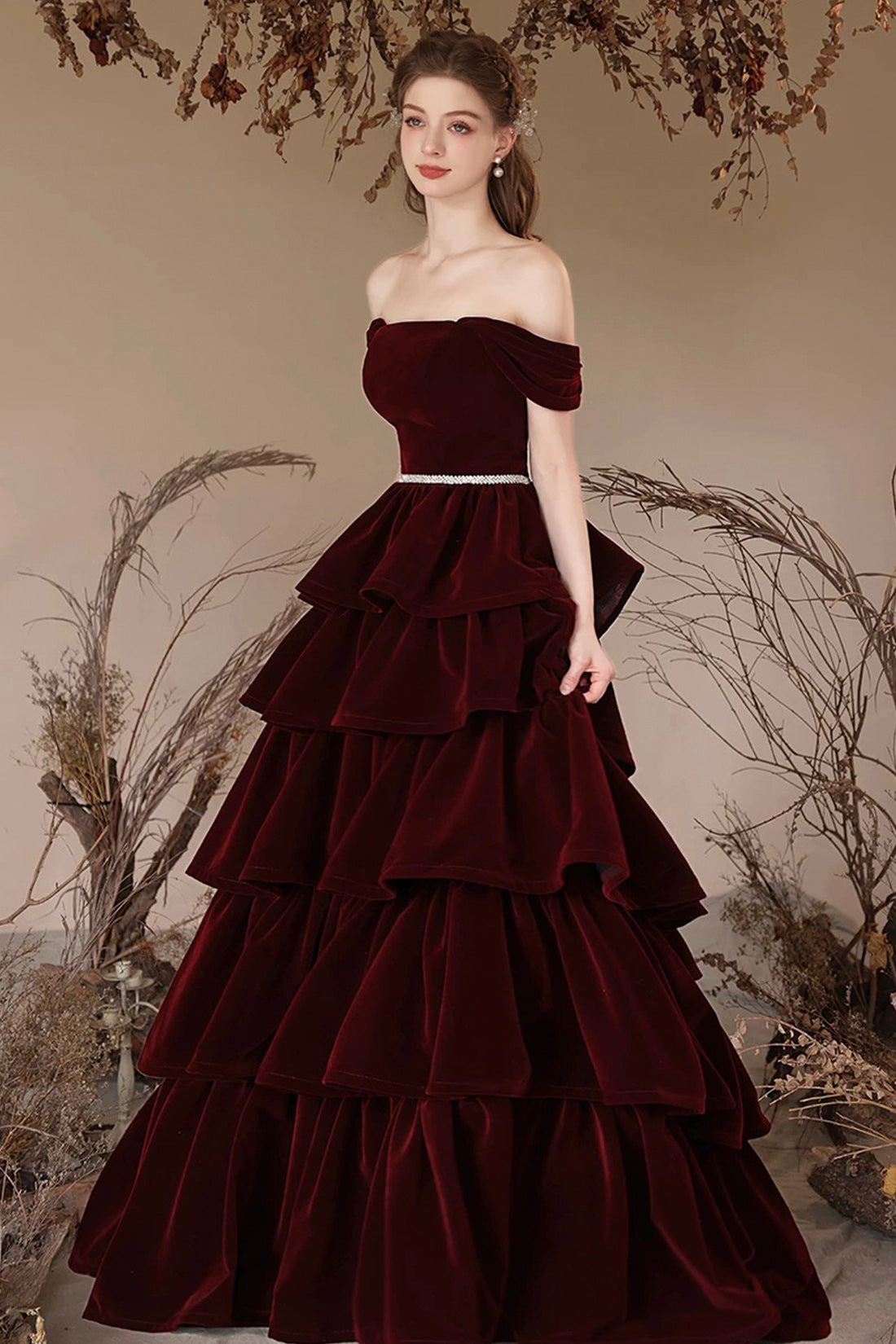 Burgundy Velvet Long Prom Dress, Lovely A-Line Off the Shoulder Formal Sweet 16 Dress